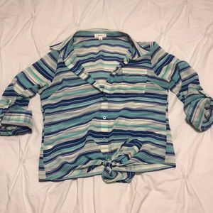 Sheer White/Blue/Mint Striped Tie Front Button Up